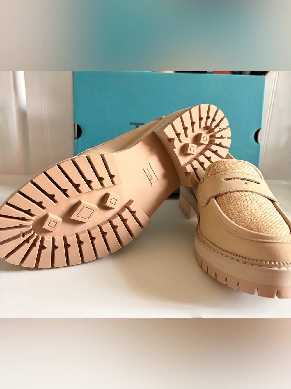 TOMS Women's Beige Leather Raffia Lug Sole Loafers - Picture 5 of 8